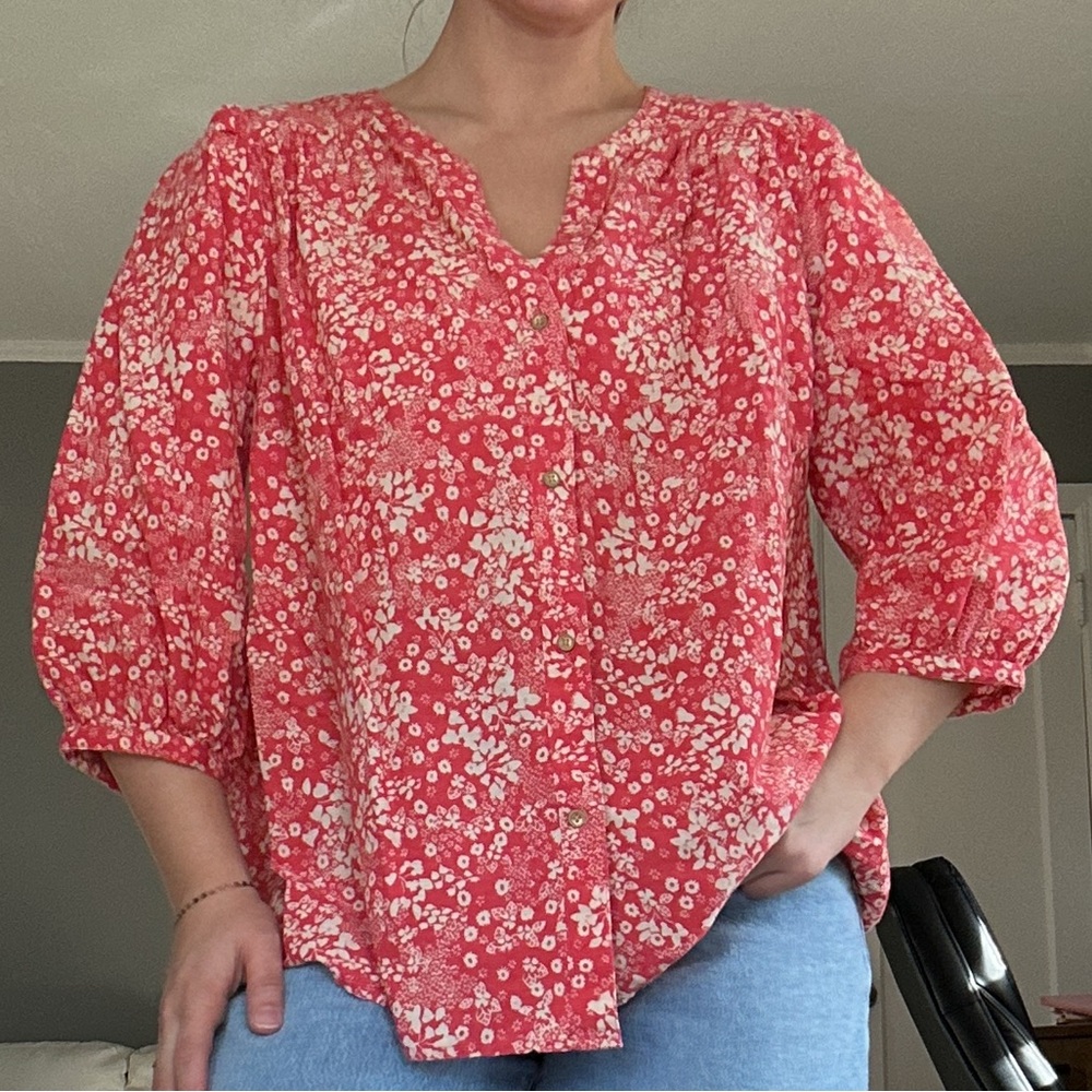 Knox Rose Orangish-Red Floral Blouse with Buttons